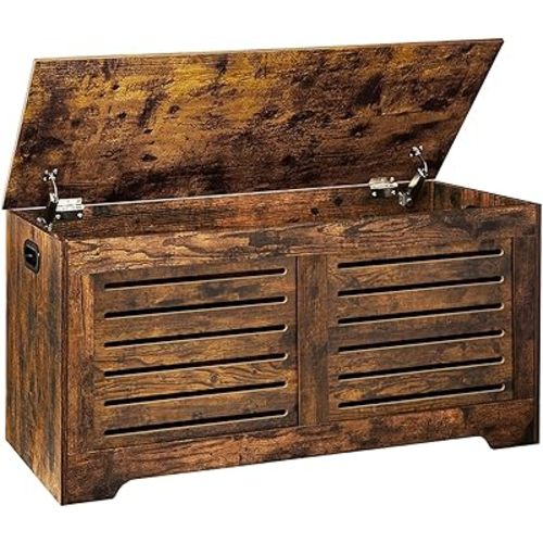 DINZI LVJ Storage Chest, 39.4”Wooden Toy Box with 2 Safety Hinges, Retro Entryway Shoe Storage Bench with Flip-Top, Sturdy Large Storage Trunk for Living Room, Bedroom, Easy Assembly, Rustic Brown