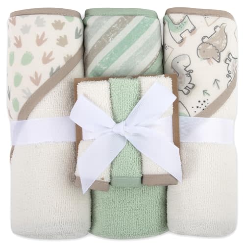 Hooded Baby Bath Towel and Washcloth 6 Piece Set for Newborns, Infants & Toddlers, Boys & Girls Baby Hooded Towels Set (Dinosaurs & Stripes)