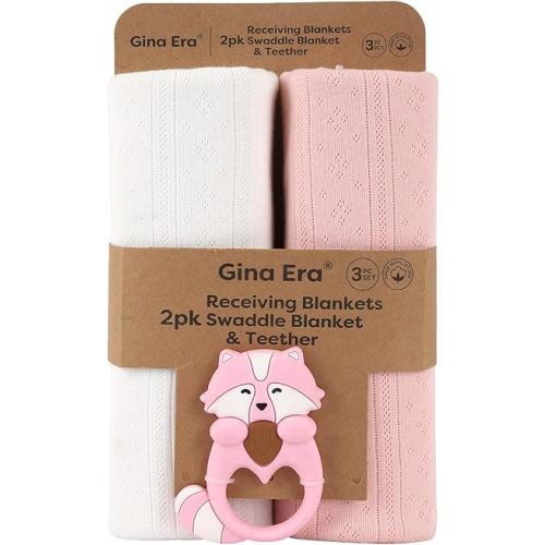 Gina Era Knit Baby Receiving Blankets, Soft Lightweight Cozy Swadde Blanket for Newborns, Unisex Baby Blanket, 2 Pack 30 X 40 Inch for Girl (Pink)
