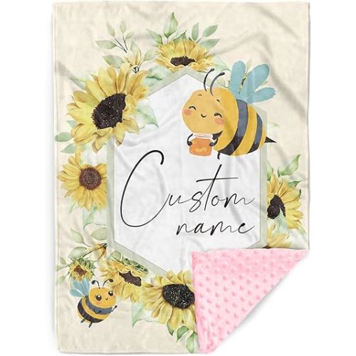 Personalized Baby Blankets for Boys Girls, Custom Name Yellow Bee Design Baby Blanket, Soft Receiving Blanket for Newborns and Toddlers, Ideal for Baby Showers and Nursery Decor