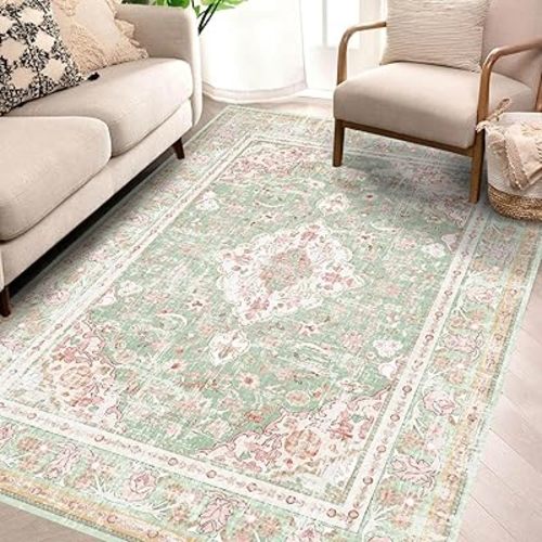 Vhong Washable Area Rugs Boho Vintage Modern Neutral Small Carpet Green and Pink High Traffic Rugs 4×6 for Dinning Room Living Room Bedroom Farmhouse Non Slip