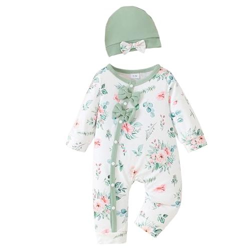 Mioglrie Newborn Baby Girl Clothes Long Sleeve Romper Infant Fall Winter Outfits Floral Hat Jumpsuit Preemie Girl Clothes