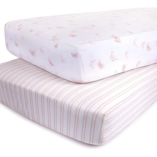 Ely’s & Co. Crib Sheets, Baby Girl Fitted Crib Mattress Sheet Set, 2 Pack, 100% Jersey Knit Cotton, Infant and Toddler Nursery Bedding, Pink Butterfly + Stripe Print, 28” x 52”