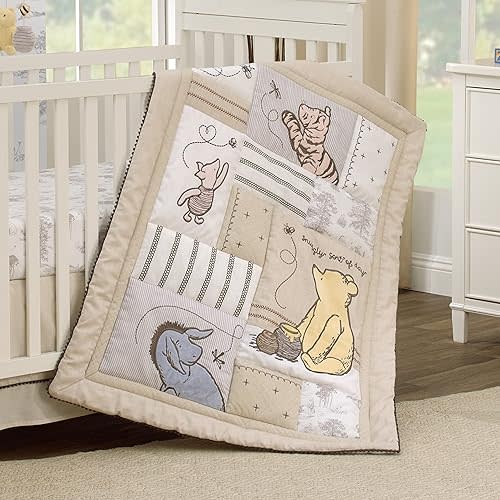 Disney Classic Pooh Hunny Fun with Piglet and Eeyore The Hundred Acre Woods Taupe 3 Piece Nursery Crib Bedding Set - Comforter, 100% Cotton Fitted Crib Sheet, and Crib Skirt
