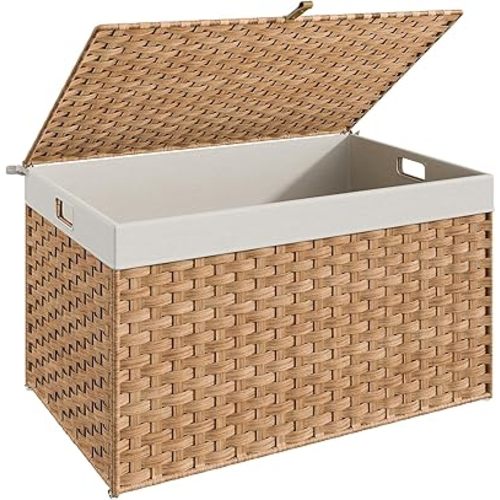 HOOBRO Storage Basket with Lid, 42.3 Gallon (160L) Wicker Basket, Handwoven Blanket Storage Basket with Handles, Metal Frame and Soft Lining, Foldable for Bedroom, Laundry Room, Natural NL216CW01