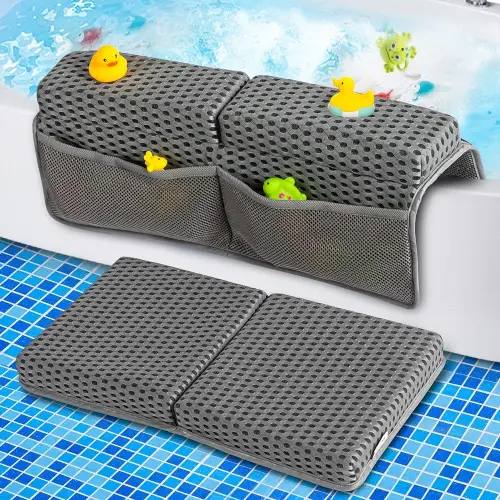 Baby Bath Kneeler and Elbow Rest Pad Set, 1.5'' Thick Quickly Dry bathtub Kneeler Pad with Baby Toys & Bath Accessories Organizer, Bath Kneeling Pad and Elbow Pad for Baby Tub, Non-Slip Bath Mat(Grey)