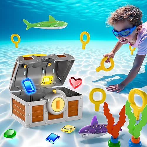 Pool Wave Kids Diving Pool Toy, Large Treasure Chest Water Dive Game W/Keys Gems Fish, Toddler Outdoor Swimming Treasure Box Playset, Fun Summer Swim Party Gifts 3 4 5 6 7 8 10 12 Year Old Boy Girl
