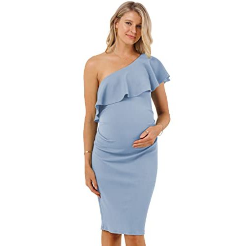 LaClef Women's Maternity Ruffled One Shoulder Side Ruching Dress