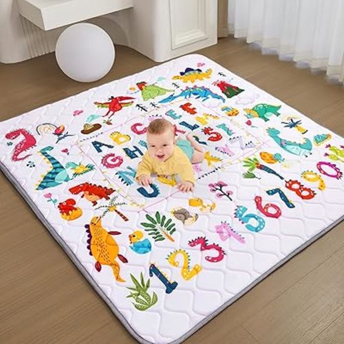 Baby Play Mat - Thicken 50x50 Inch Soft Foam Crawling Mat for Playpen & Floor, Non-Slip Waterproof Playmats for Infants & Toddlers, Portable Foldable & Machine Washable, Dinosaur & Letters