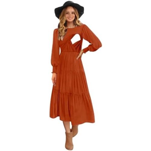 Womens Flutter Long Sleeve Smocked Tiered Nursing Dress for Breastfeeding