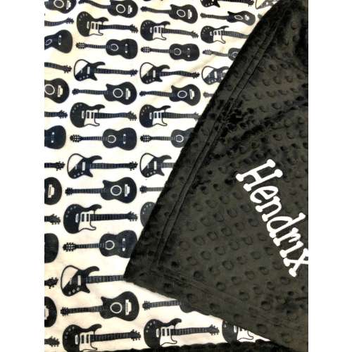 Guitar blanket, personalized baby blanket, music minky, black white, rock and roll, Fathers day, new baby gift, adult throw, gift for dad