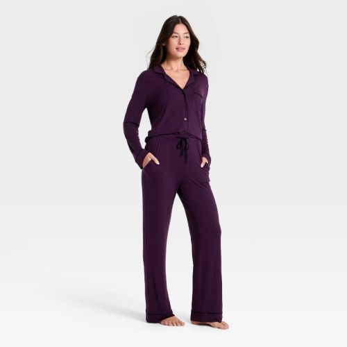 Women's Cloud Knit Modal Long Sleeve Notch Collar Top and Pants Pajama Set - Auden™ Dark Purple M