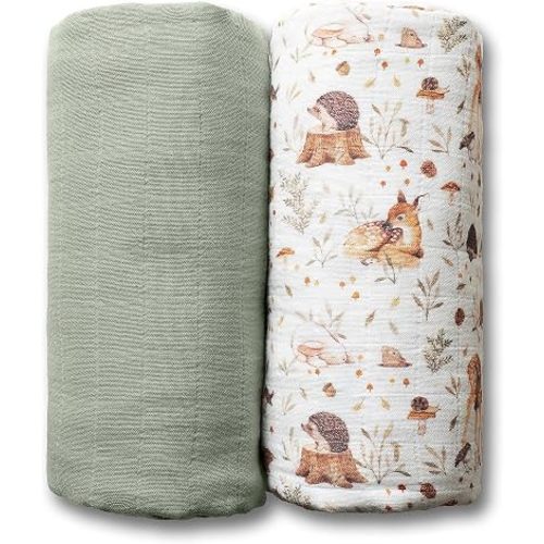 GOTS Certified Organic Muslin Swaddle Blankets, 2 Pack Baby Receiving Blankets, Soft Breathable Cotton Swaddles for Newborn Boys & Girls, Woodland Deer & Sage Green