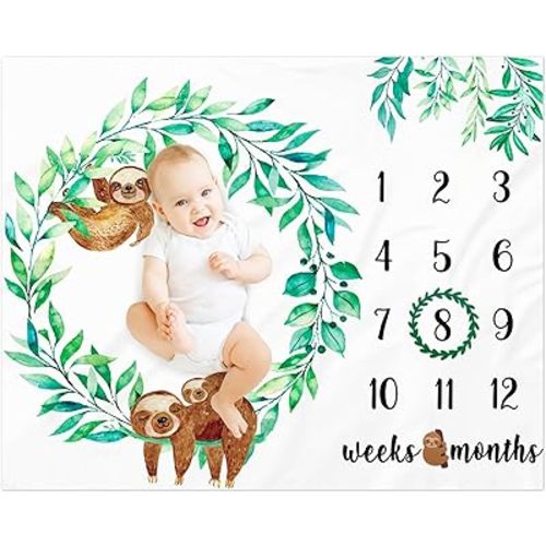 Baby Sloth Monthly Milestone Blanket Gender Neutral Greenery Watercolor Jungle Design Perfect Baby Blanket for Boys and Girls Newborn Baby Gift Idea Photography Backdrop and Soft Fleece Blanket