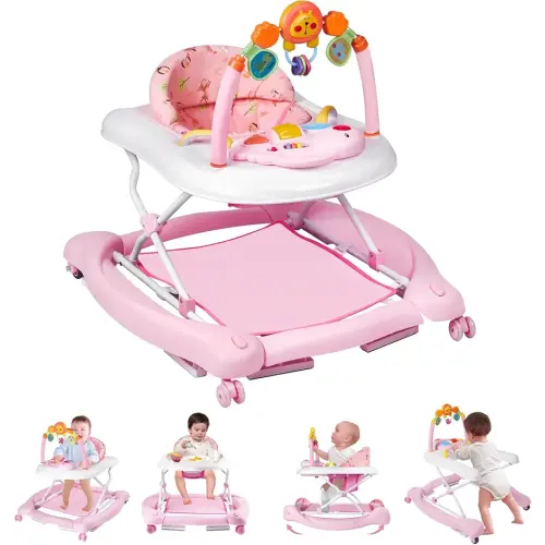 Baby Walker, 5 in 1 Baby Walkers for Boys Girls 6-12 Months, Foldable Walkers for Babies with Bouncer & Feeding Tray, Music, Adjustable Heights, Activity Walker for Infant