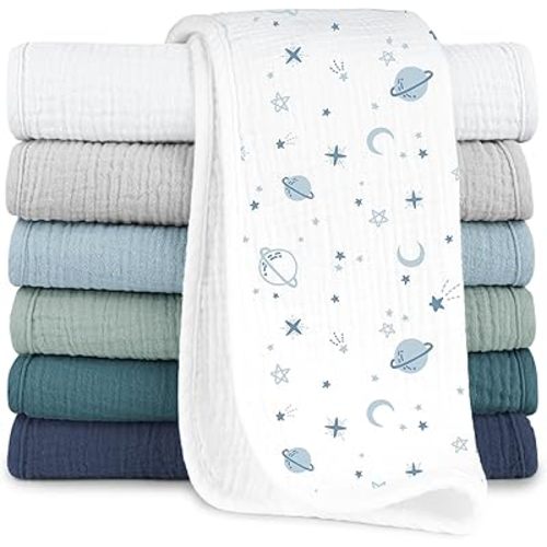 Konssy Muslin Baby Burp Cloths Set for Unisex–7 Pack Large 100% Cotton Burping Cloths, Soft Washcloths & Newborn Essentials, Baby Spit Up Cloth for Feeding & Drooling