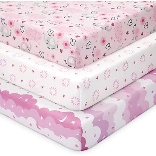Looxii Baby Crib Sheets for Girls, 3 Pack Fitted Crib Sheet for Standard Crib and Toddler Mattress, Ultra Soft Breathable Microfiber Baby Sheet 52x28x8in