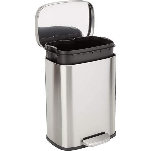 Amazon Basics Smudge Resistant Small Rectangular Trash Can With Soft-Close Foot Pedal, Brushed Stainless Steel, 12 Liter/3.1 Gallon, Satin Nickel Finish, 11.3"L x 9.9"W x 15.1"H