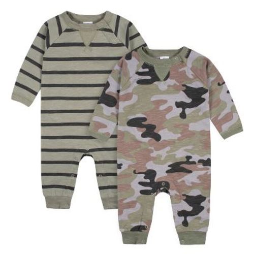 Gerber Baby Boys' Raglan Sleeve Romper, 2-pack, Dark Gray Tie Dye & Blue Solid, 0-3 Months