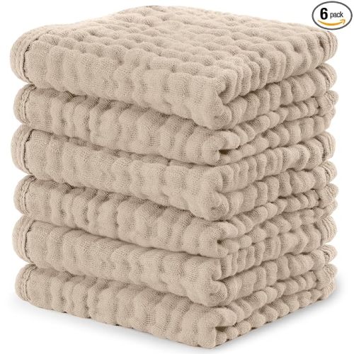 Comfy Cubs Muslin Baby Washcloths 6 Pack - Soft 6-Layer Cotton Wash Cloths for Sensitive Skin - 10"x10" Large, Gentle, Absorbent Infant Essentials for Newborn and Toddlers - Sand