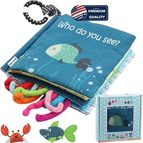 Crinkle Soft Cloth Books Toys, Touch and Feel Baby Books 0-6 Months For Babies Infants Toddlers Toy 6 to 12 Months 1-3 Year Old Boy Girl Shower Gifts, Box & Teether Ring, Sensory Toys Fish Shark Tails