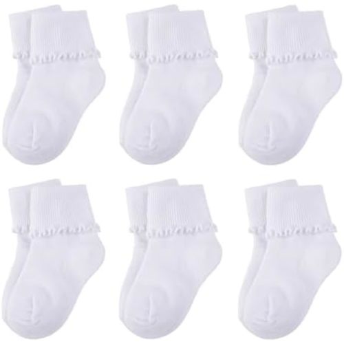 6 Pairs Newborn Infant Toddler Baby Girls Turn Cuff White Ruffle Frilly Cotton Dress Crew Socks,0-6,6-12,12-24 Months