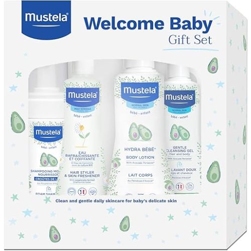 Mustela Welcome Baby Gift Set - Clean & Gentle Skincare & Bath Time Essentials for Baby's Delicate Skin - Natural & Plant Based - 4 Items Set