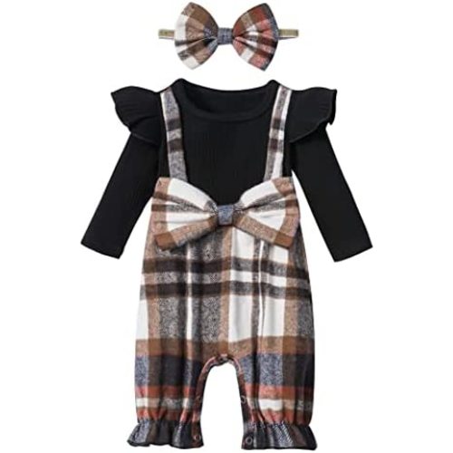 Queenstyle Newborn Baby Girl Clothes Romper Long Sleeve Ruffle Jumpsuit Cute Infant Girl Fall Winter Outfits with Headband