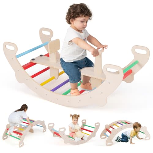 HONEY JOY Wooden Rocking Climbing Arch, 4-in-1 Montessori Kids Arch Rocker Climber Ladder for Rocking Horse, Children Indoor Outdoor Gym Learning Playset, Playground Climbing Toys for Toddlers Gift