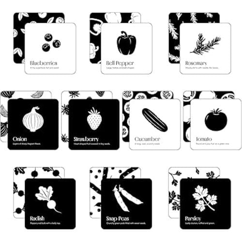 Garden for Baby Black and White Cards by Chunky Deli | High Contrast Sensory Toy for Newborn Visual Stimulation & Tummy Time | 10 Laminated Infant Learning Cards | Unique Foodie