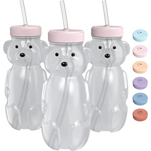 Honey Bear Straw Cup for Babies 3 pack; 8oz straw bear cup with improved safety lid design; honeybear baby cup straw; honey bear cup, honey bear bottle.Straw learning therapy cup(Cherry Blossom- PINK)