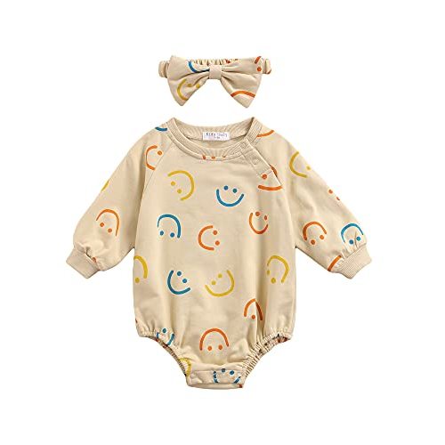 BULINGNA Infant Toddler Baby Girl Long Sleeve Smile Face Print Sweatshirt Romper Bodysuit with Bow Headband Clothes
