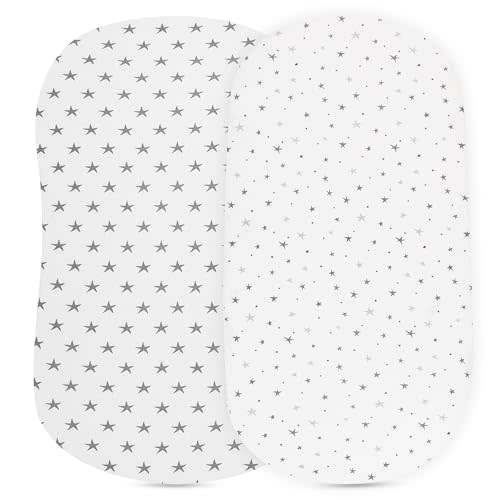 Ely’s & Co. Patent Pending Waterproof Bassinet 2-Pack Set for Baby Boy - 100% Cotton, Jersey Knit Cotton Sheets with Waterproof Lining — Grey Stars
