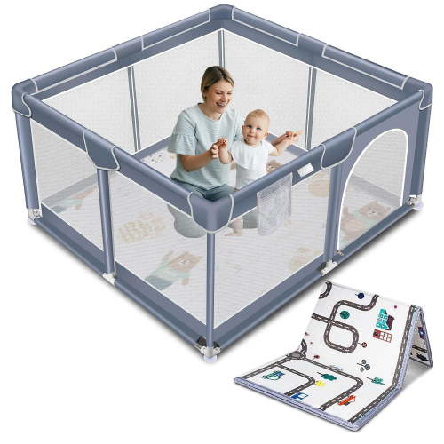 Baby Playpen with Mat, Portable Baby Play Yard for Toddler, Safety Baby Gate playpen with Soft Breathable Mesh, Indoor