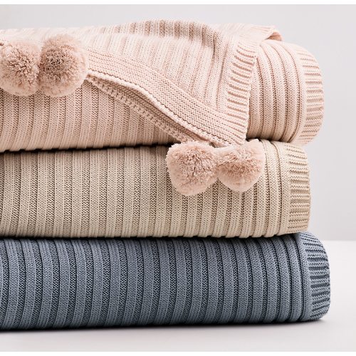 Ribbed Cotton Knit Pom-Pom Stroller Blanket | RH Baby & Child