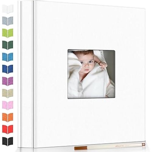 Photo Album Self Adhesive Scrapbook Album for 3x5 4x6 5x7 8x10 Pictures,40 Pages Linen Cover with Display Window DIY Photo Book,Ideal Gifts for Family Travel Wedding Baby