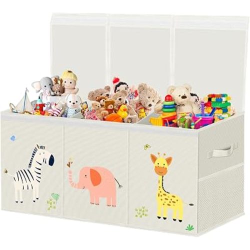 Large Toy Box Chest Storage with Lid - Collapsible Kids Toys Boxes Organizer Bins Baskets Container with Handles for Boys, Girls, Nursery, Playroom, Clothes, Blanket, Bedroom (Tri-fold beige)