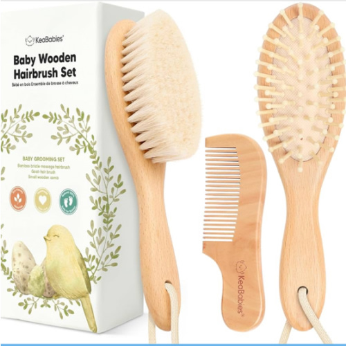 Baby Hair Brush and Comb Set for Newborn - Wooden Baby Hair Brush Set with Soft Goat Bristle, Baby Brush Set for Newborns Baby Brush and Comb Set Girl, Boy, Toddler Cradle Cap Brush (Oval, Walnut)