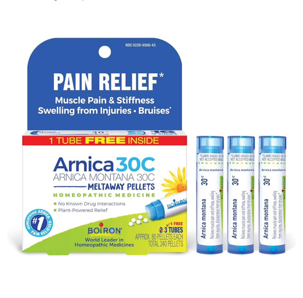 Boiron Arnica Montana 30C Homeopathic Medicine for Relief from Muscle Pain, Muscle Stiffness, Swelling from Injury, and Discoloration from Bruises - 3 Count (240 Pellets)
