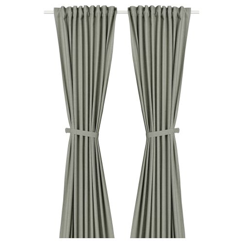 LENDA Curtains with tie-backs, 1 pair - light gray-green/with heading tape 55x98 "