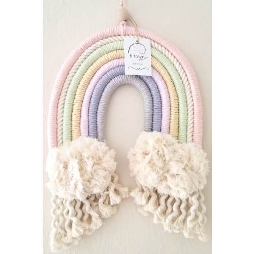 Large Macrame Rainbow Wall Hanging with Big Pompoms, Pastel Colored Nursery Wall Art, Baby Gift - Delightful Bohemian Decor for Every Space