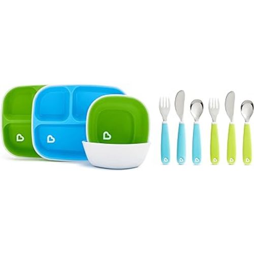 Munchkin Splash Toddler Dining Set - Includes Divided Plates, Bowls and Utensils, 10pc Set, Blue/Green
