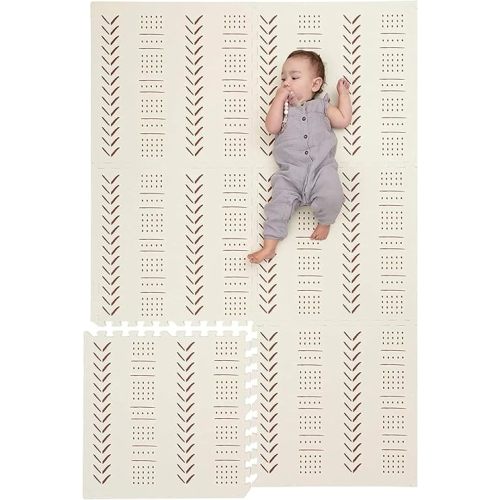 Childlike Behavior XL Baby Play Mat - 72 x 48-Inch Puzzle Play Mat with 6 Foam Floor Tiles - Interlocking Tummy Time Mat for Toddlers and Infants Play Pen - Waterproof and Soft Crawling Mat - Beige