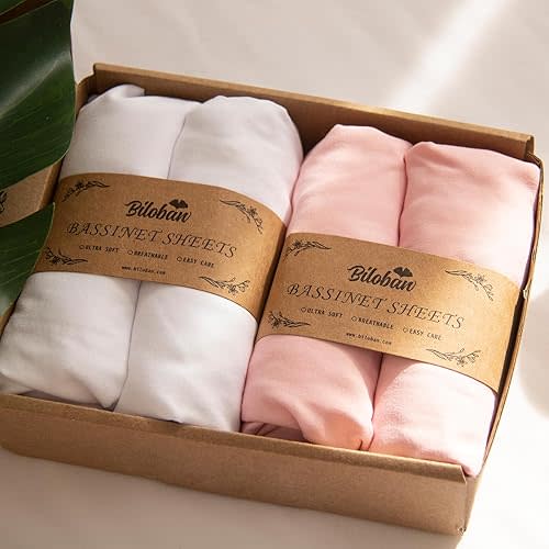 Baby Bassinet Sheets 4 Pack Compatible with BIERUM, AMKE 3 in 1, Besrey, Bellababy, Miclassic and Milliard Baby Bassinet, Ultra Soft & Skin-Friendly, Washer & Dryer, Pink and White