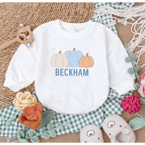 Personalized Pumpkin Baby Romper, Custom Name Fall Outfit, Gingham Pumpkin Baby Boy Romper, Thanksgiving Baby Shower Gift