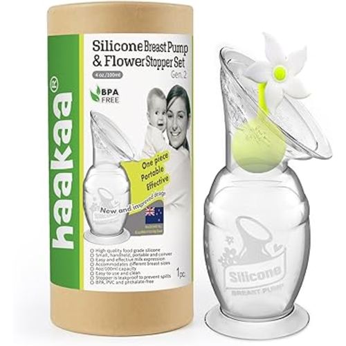 haakaa Manual Breast Pump with Suction Base and Flower Stopper Set for Breastfeeding (4oz/100ml)(White)