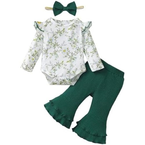 SUNNY PIGGY Baby Girl Clothes Ruffle Short Sleeve Romper Long Pants Set with Headband Newborn Infant Outfits