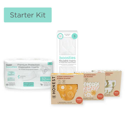 Honest® - Hybrid Diaper Starter Kit - Set of 3 Covers + Reusable Inserts (5 Tri-Fold + 5 Boosters) & 32pk of Boosties Disposable Inserts, Small - 8-15 lbs
