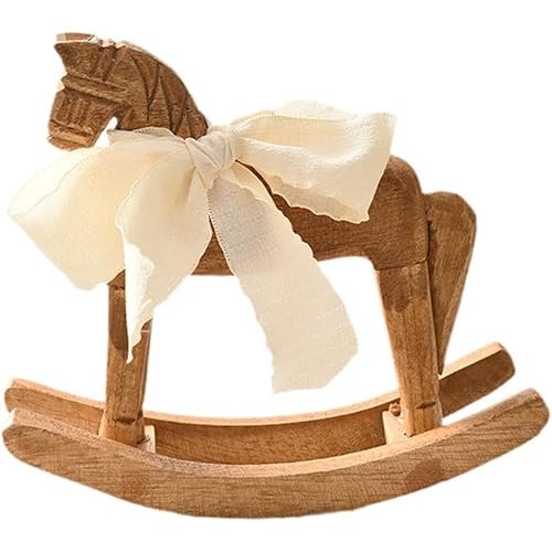 Rocking Horse Statue Wooden Horse Figurine Centerpiece Desk Housewarming Gift Ideal Gift Souvenir Memento Decoration Ornament, White Ribbon