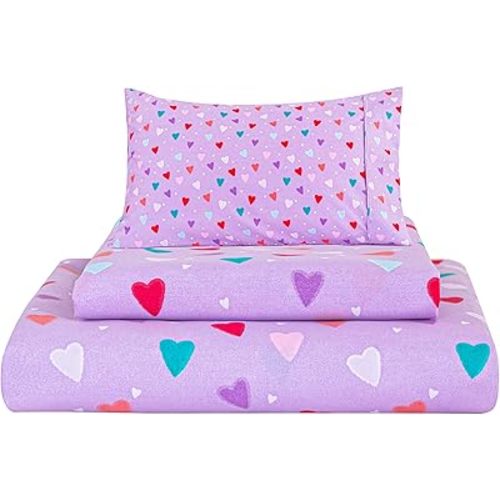 Viviland 3 Pieces Girls Purple Twin Sheet Set - Soft Microfiber Fitted Flat Sheets & Pillowcase - Colorful Hearts Printed Bedding Sets - for Kids & Toddlers